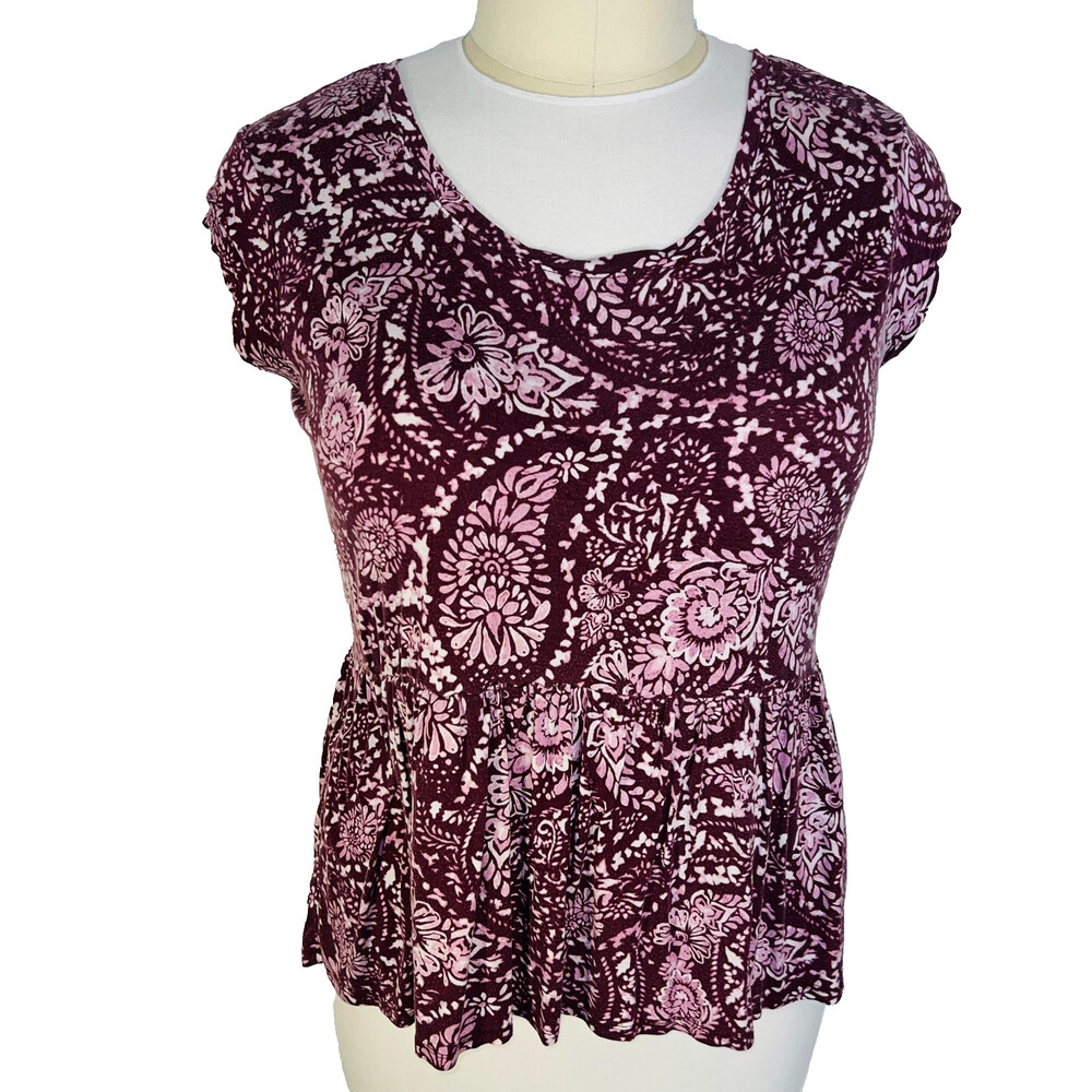 Faded Glory Top Womens XL Short Sleeve Blouse Burgundy Cottage Print Peplum Hem - Picture 3 of 13